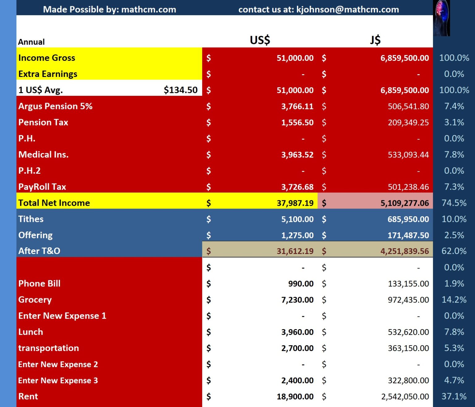 Monthly budget over 1 year with annual summary math cm